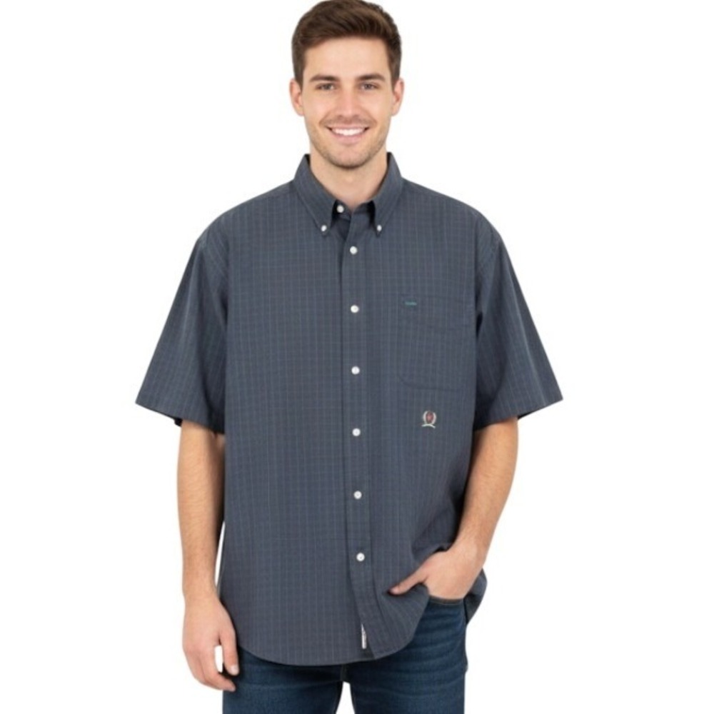 Tommy Hilfiger‎ Shirt Mens XL Navy Green Plaid Short Sleeve Button Front Crest